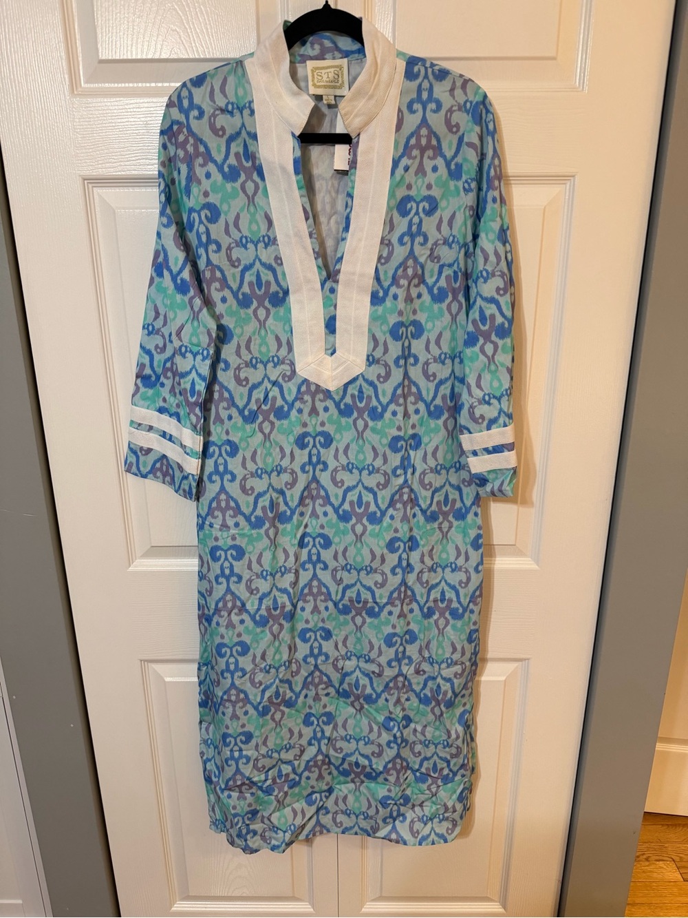 Sail to Sable Blue & Teal Printed Cotton Caftan Dress with White Trim